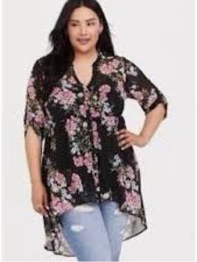 torrid sz 2 2x plus Black Floral Lexie Button-Front Midi tunic Dress Pink Roses